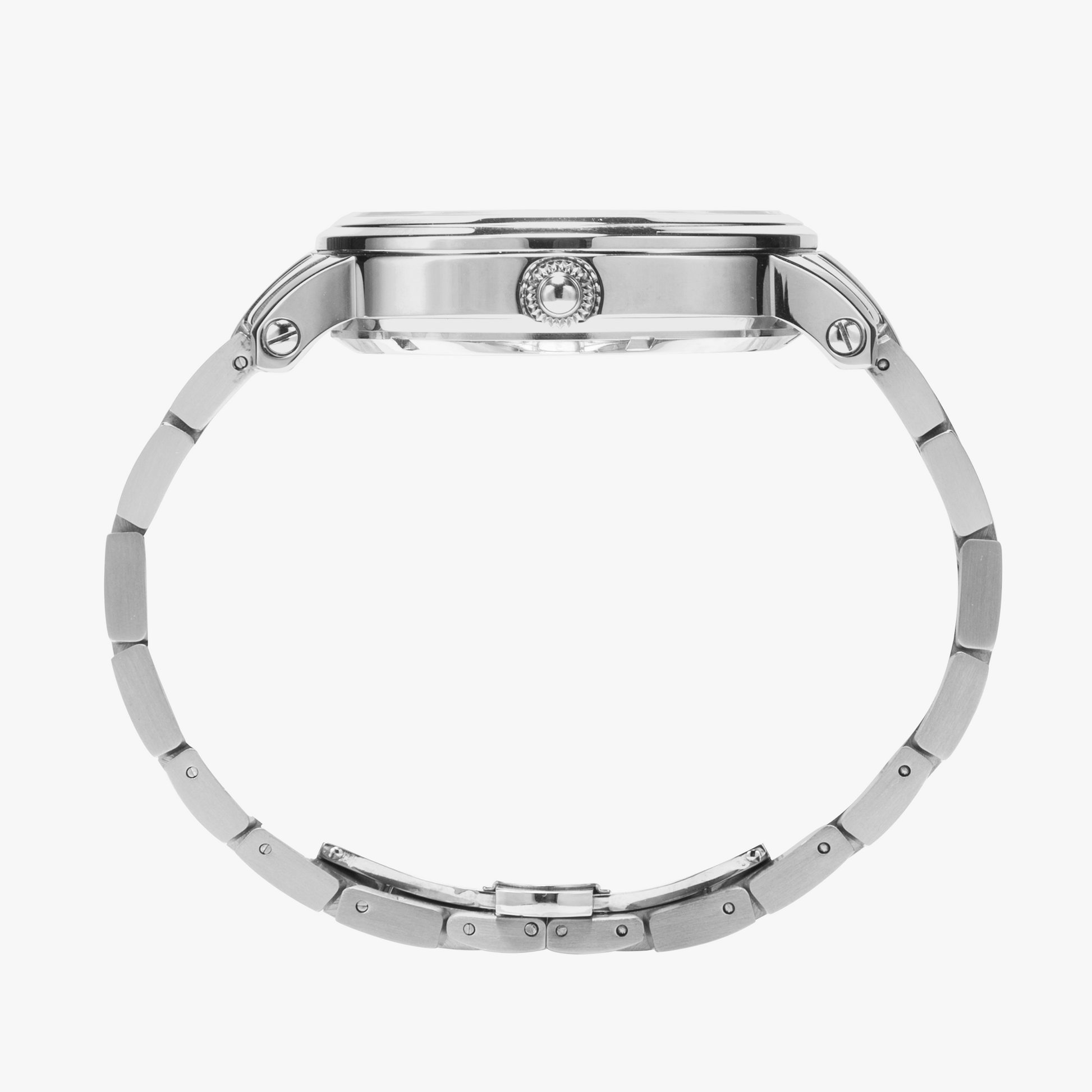 Close-up of a silver watch band on a white background