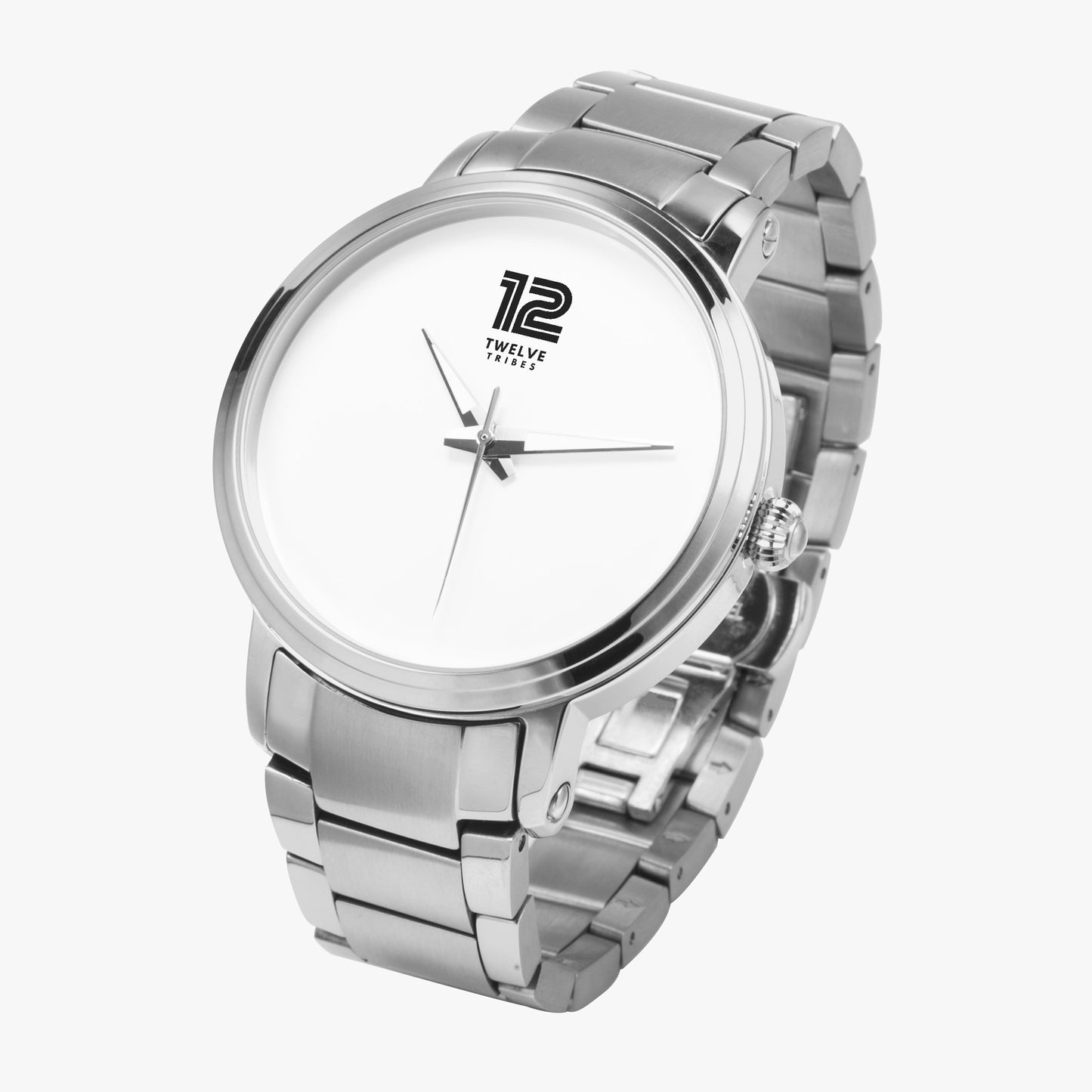 Silver wristwatch with a white face on a white background