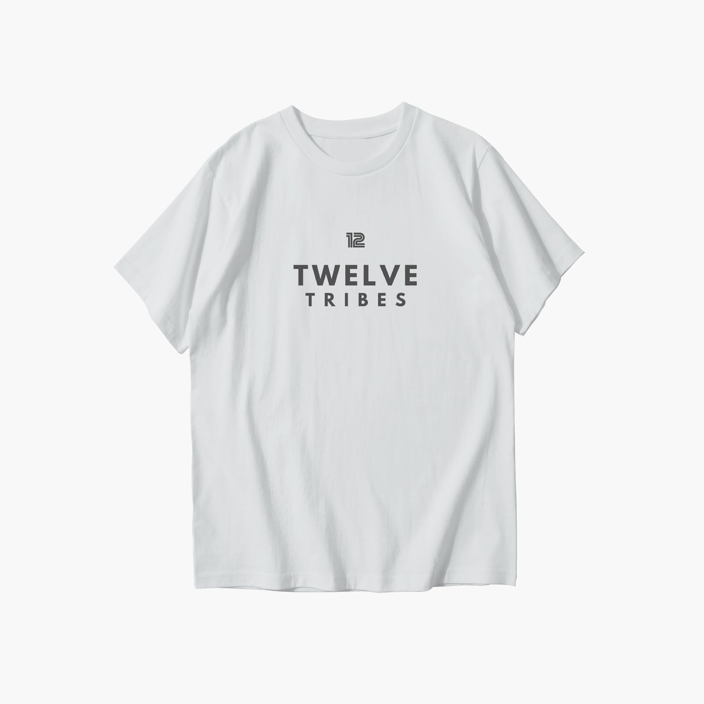 White t-shirt with 'Twelve Tribes' text on a white background