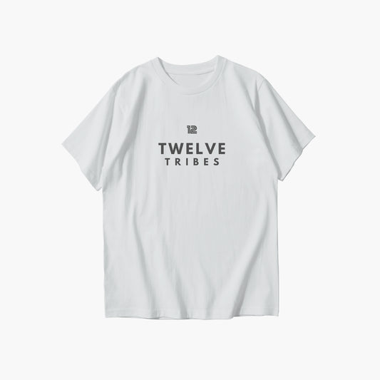 White t-shirt with 'Twelve Tribes' text on a white background