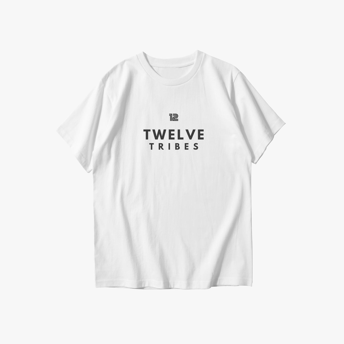 White t-shirt with 'Twelve Tribes' text on a white background