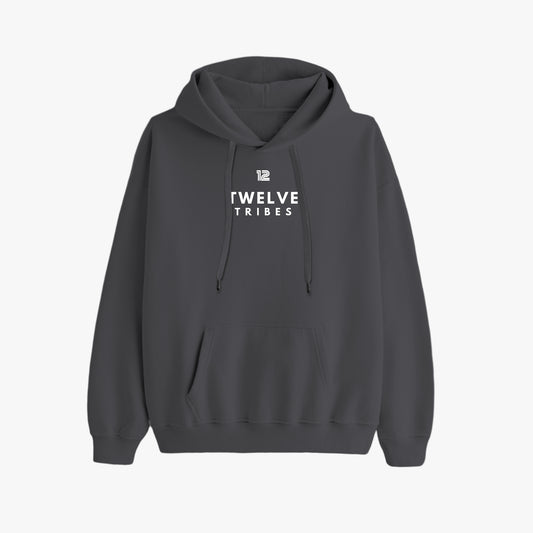 Dark gray hoodie with 'TWELVE TRIBES' text on a white background