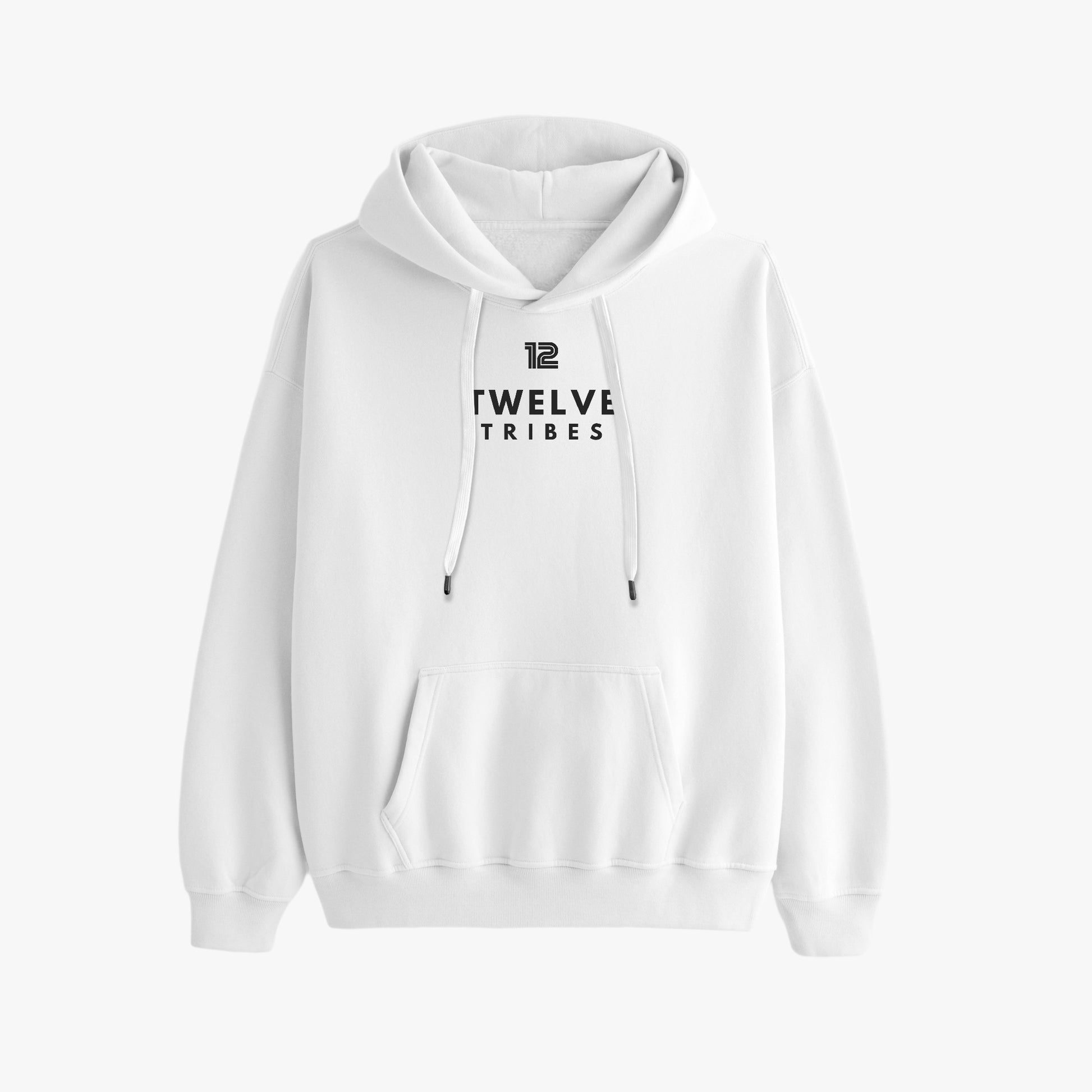 White hoodie with '12 TWELVE TRIBES' text on a white background