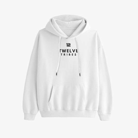 White hoodie with '12 TWELVE TRIBES' text on a white background