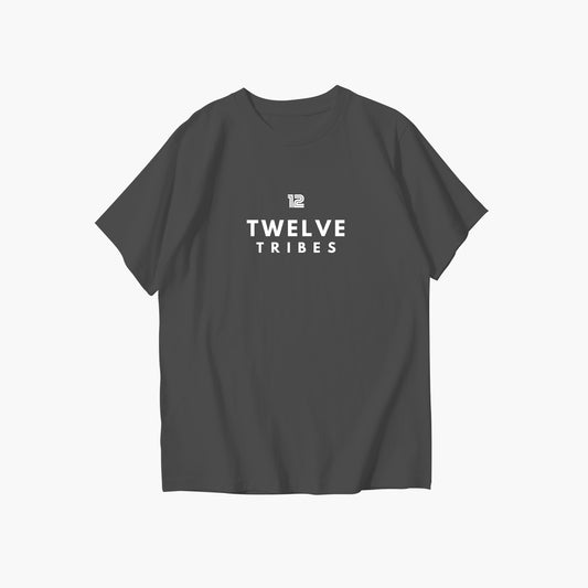Black t-shirt with '12 Twelve Tribes' text on a white background