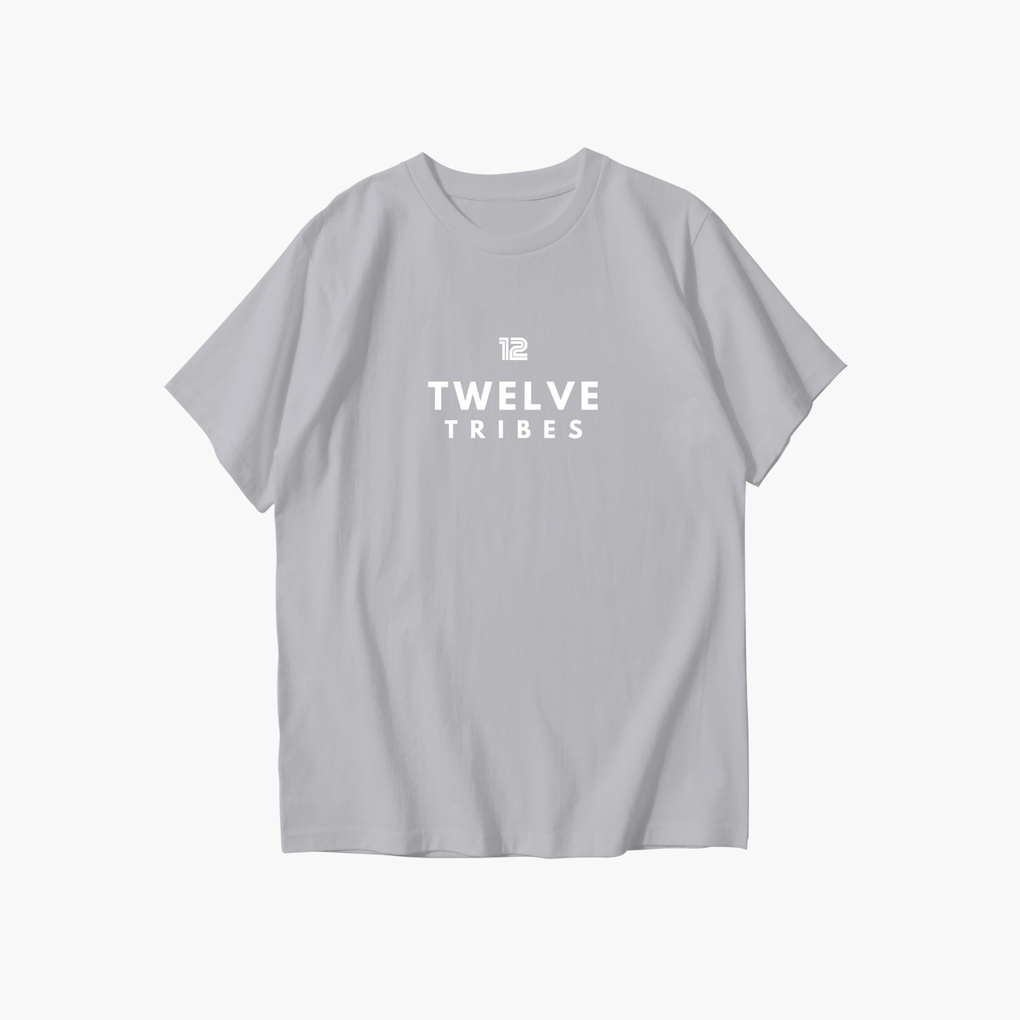 Gray t-shirt with 'Twelve Tribes' text on a white background