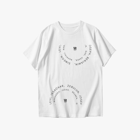 White t-shirt with black text on a white background