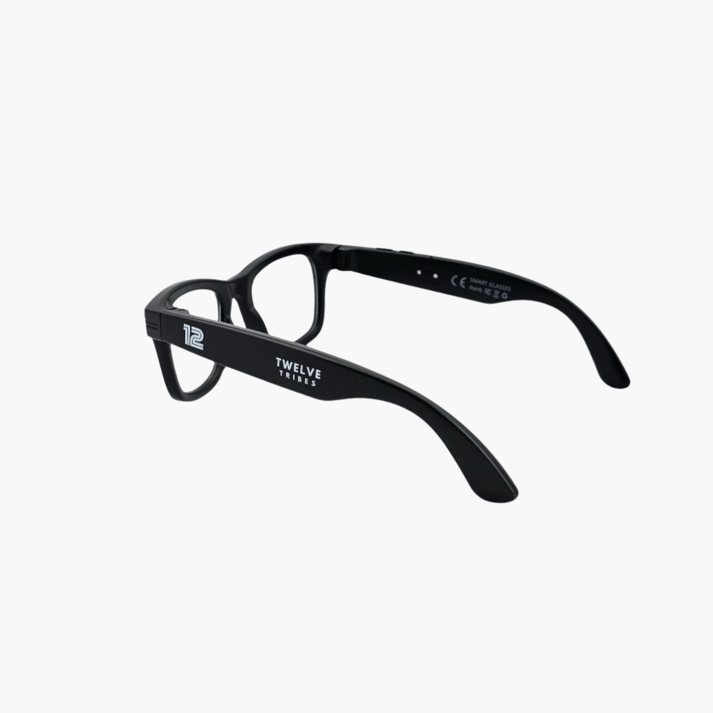 Black eyeglasses with '12 Tribes' logo on a white background