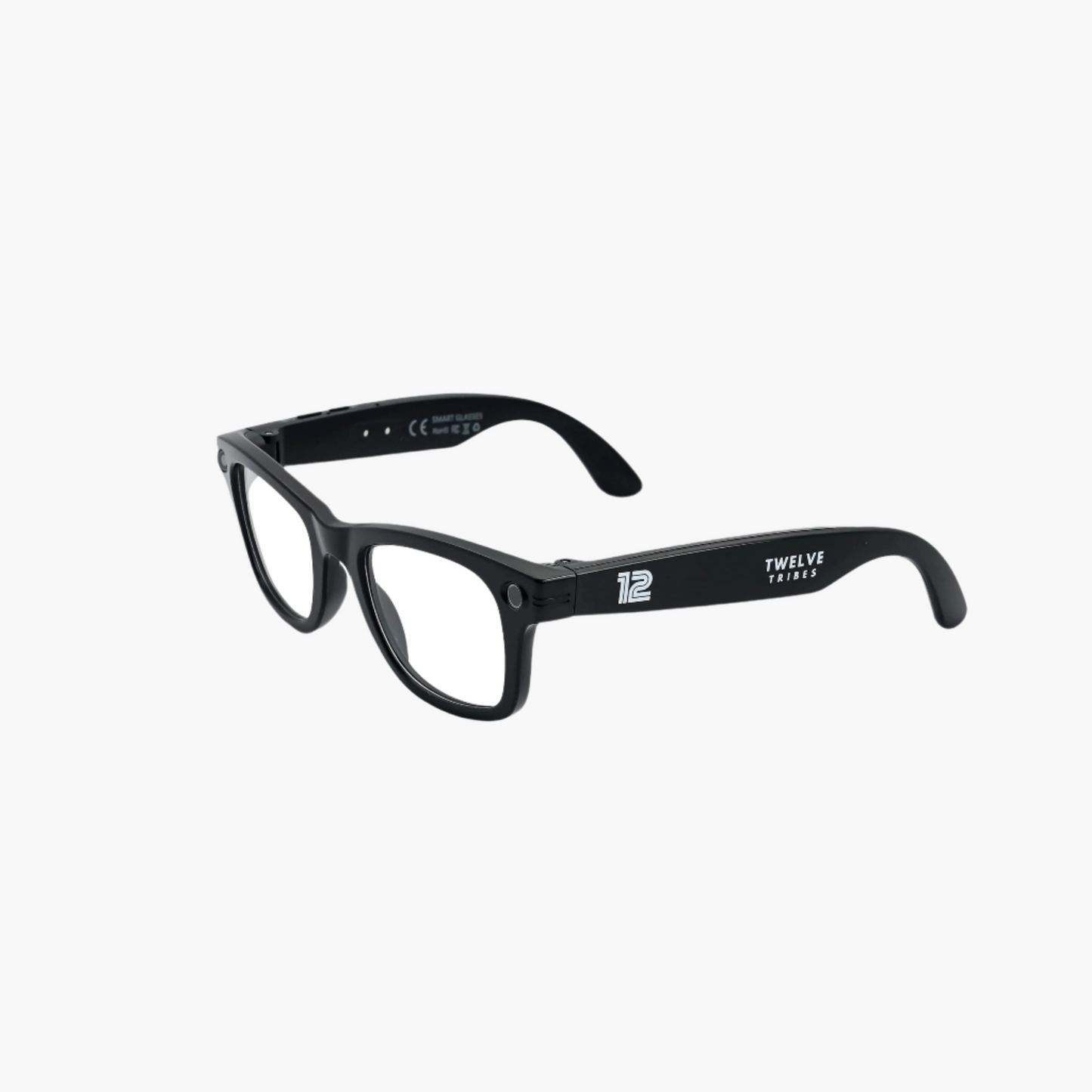 Black eyeglasses with 'Twelve Tribes' logo on a white background