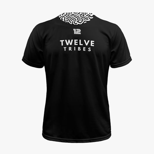 Black t-shirt with 'Twelve Tribes' text on a white background