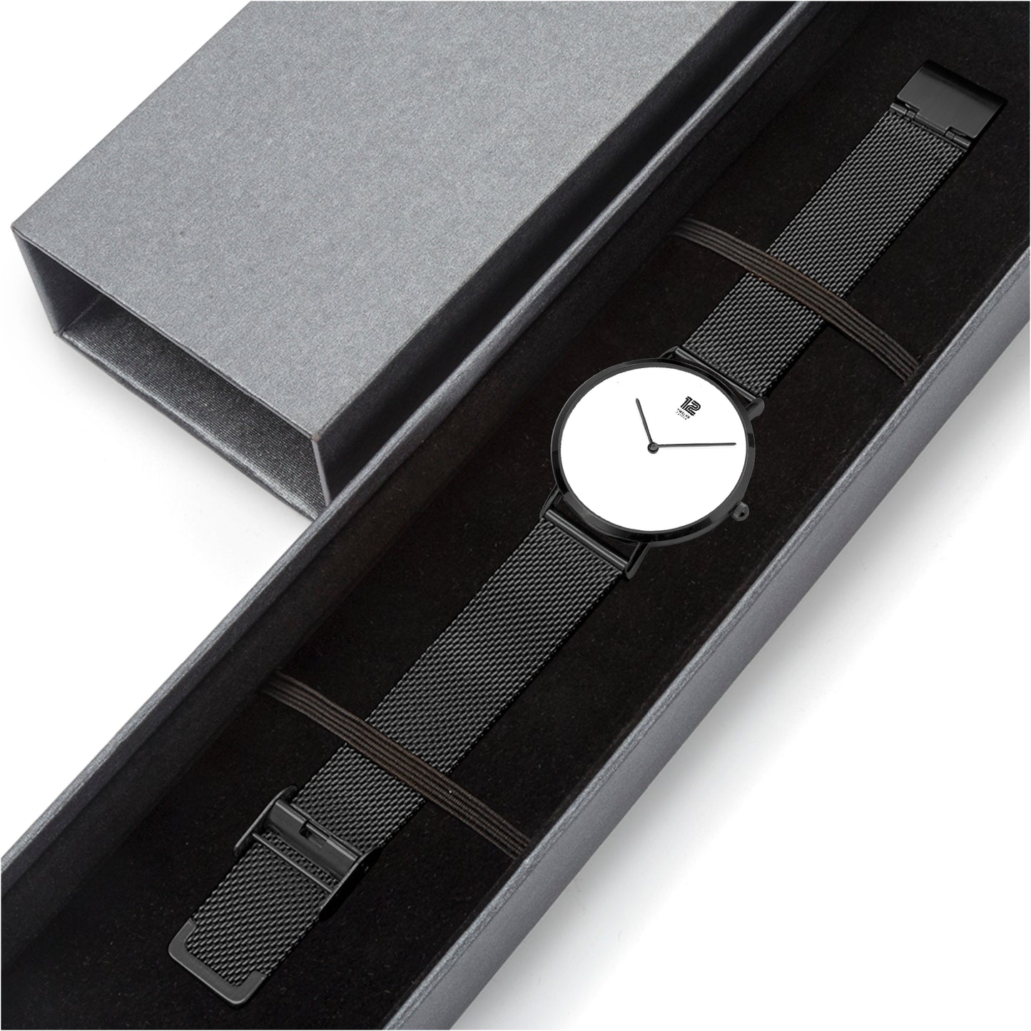 Black watch with white face in a gray box on a white background