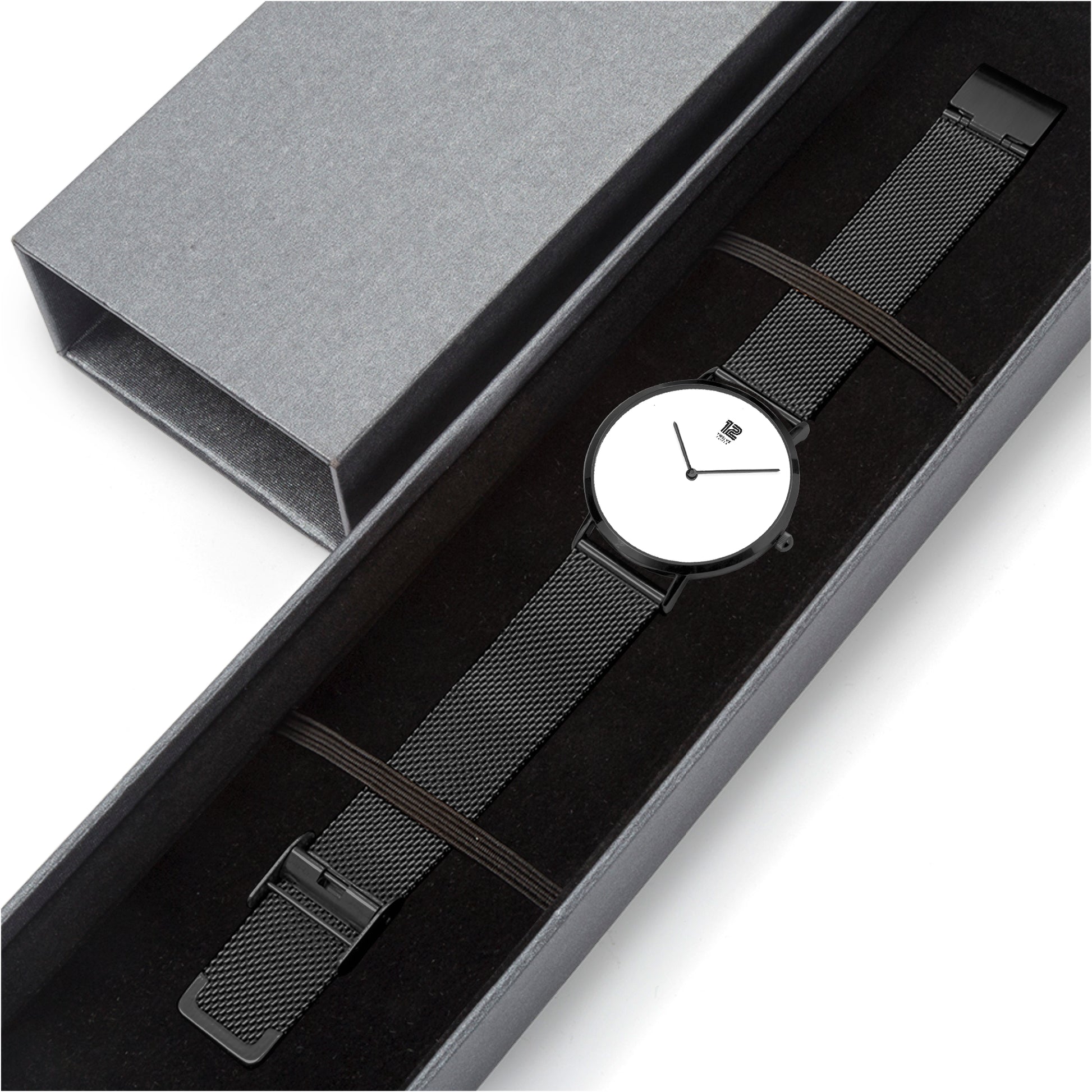 Black watch with white face in a gray box on a white background