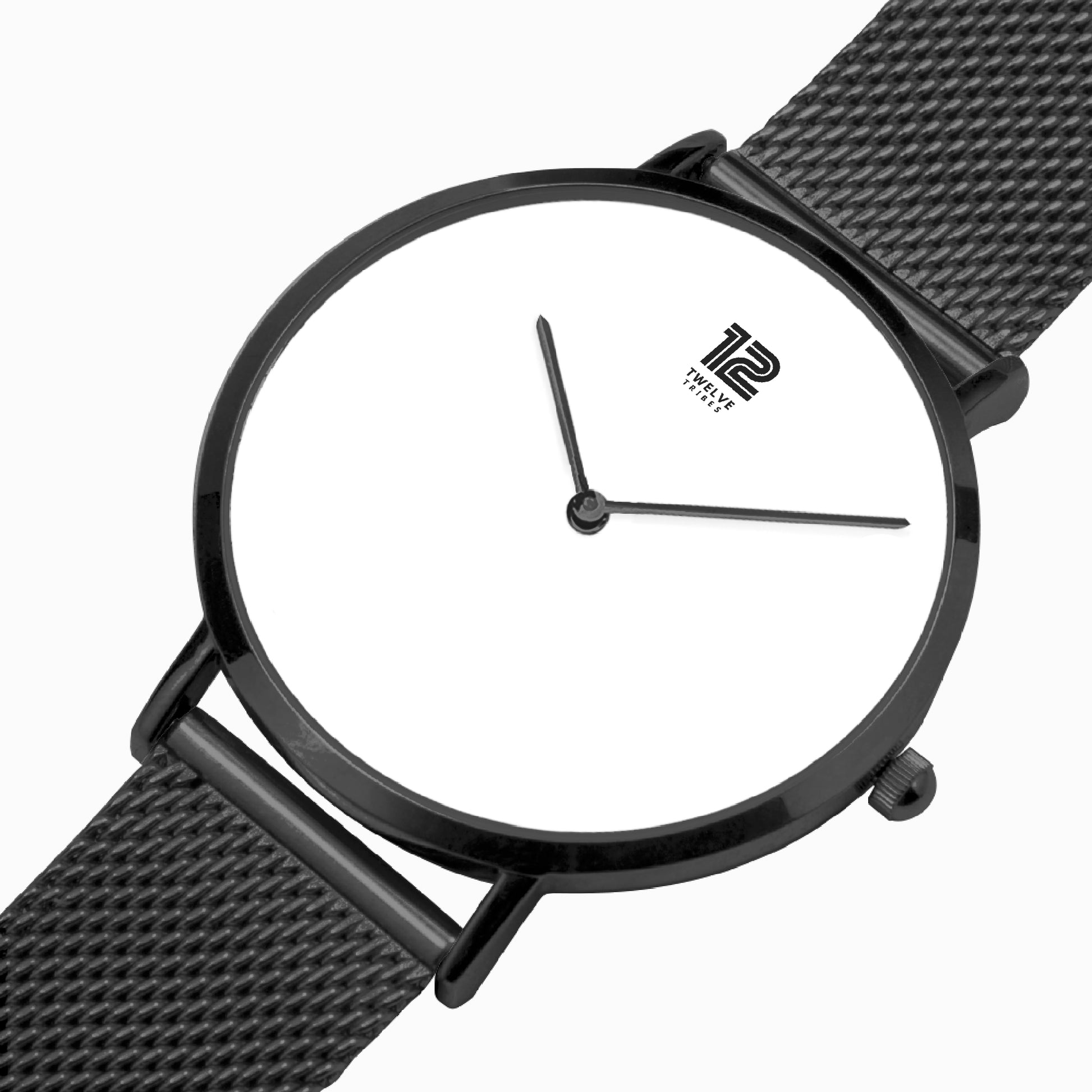12 Tribes Black wristwatch with a mesh band on a white background