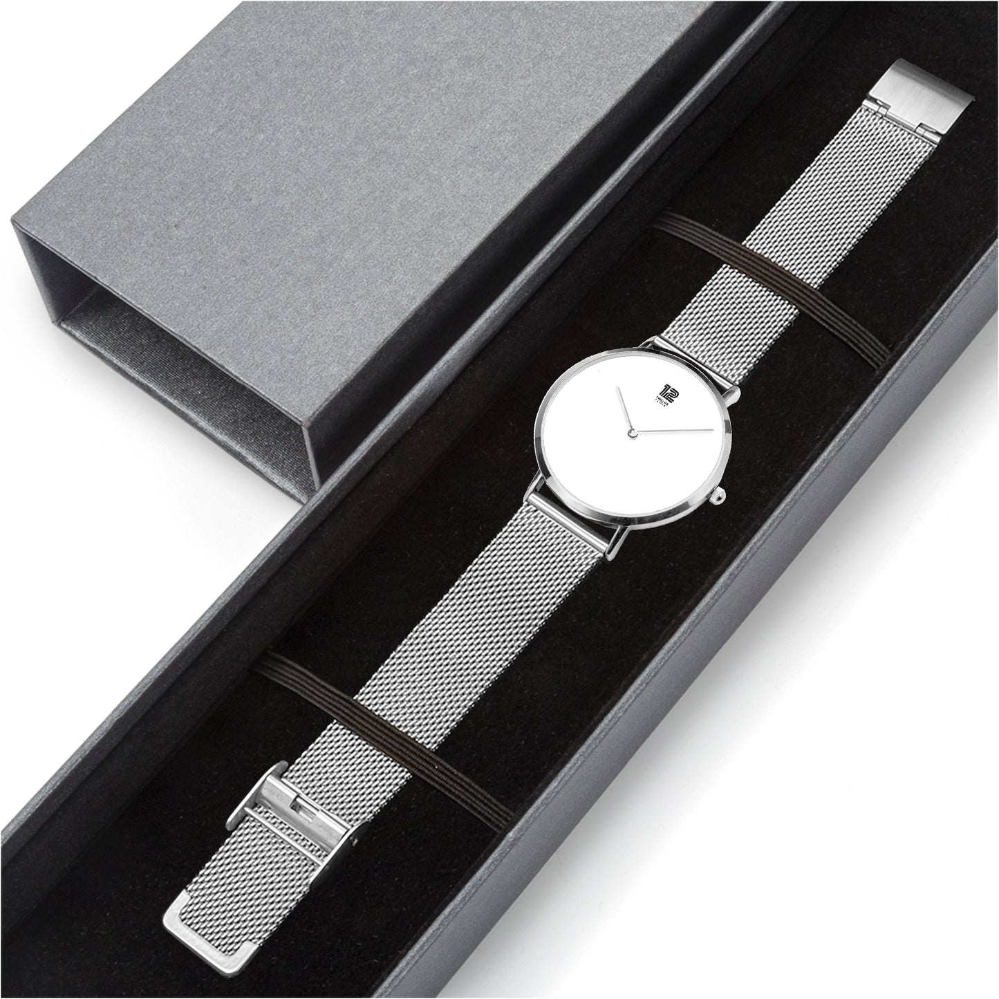 Silver watch with mesh band in a gray box