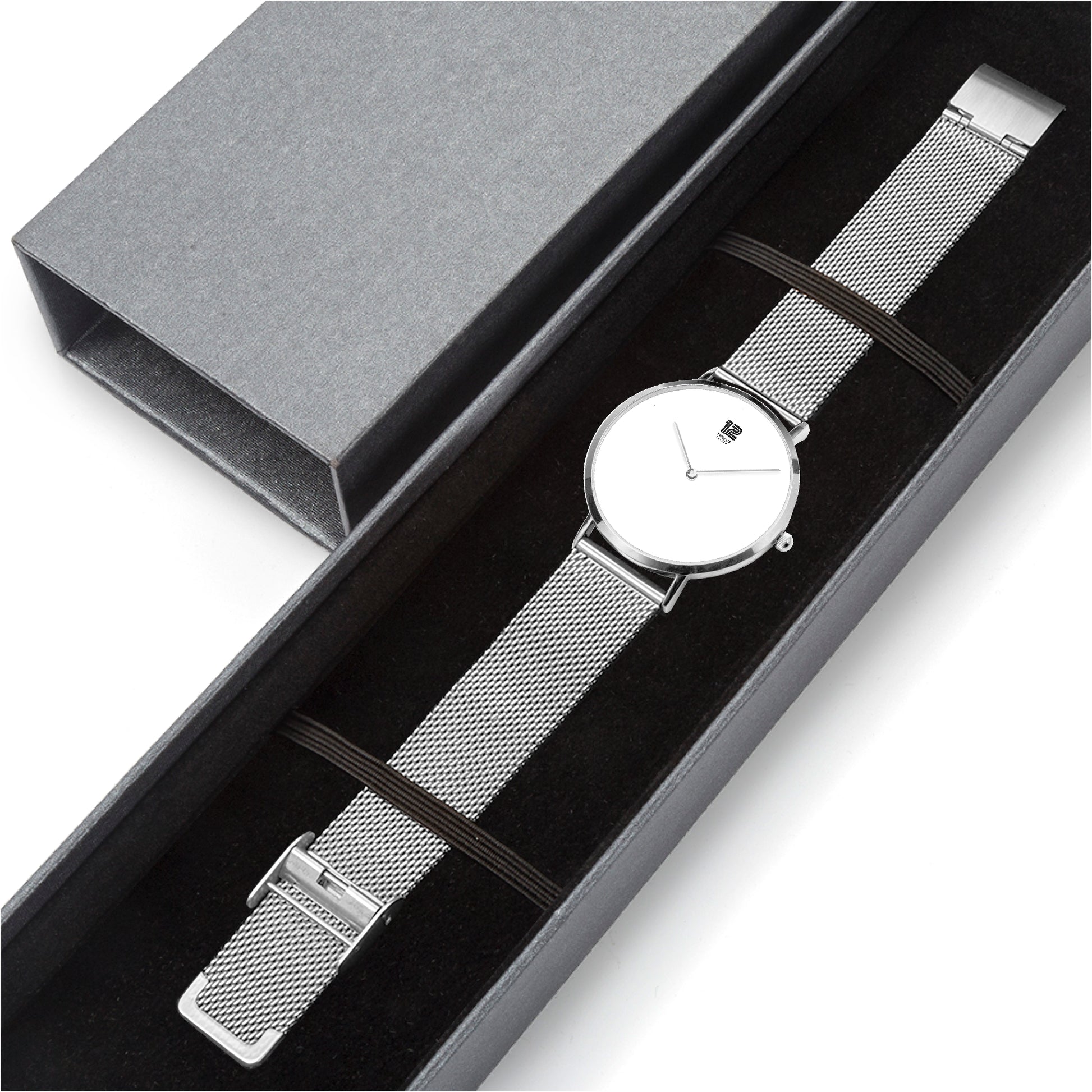 Silver watch with mesh band in a gray box