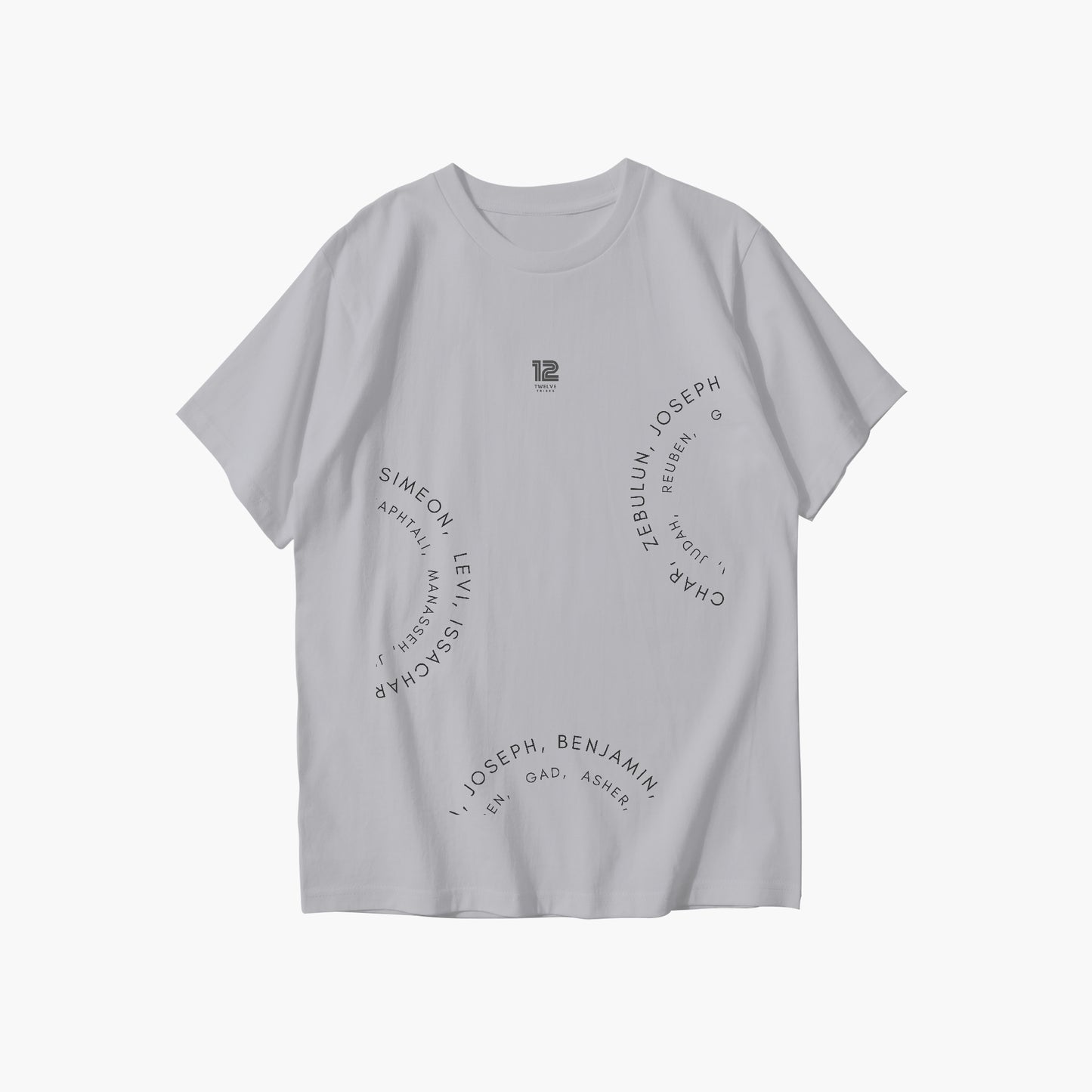 Gray t-shirt with text design on a white background
