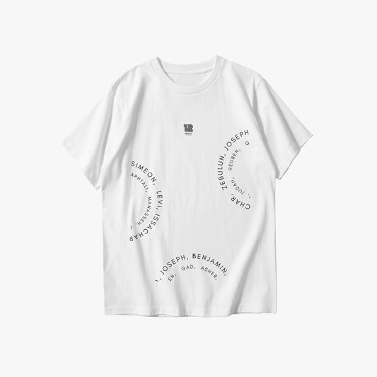 White t-shirt with black text design on a white background