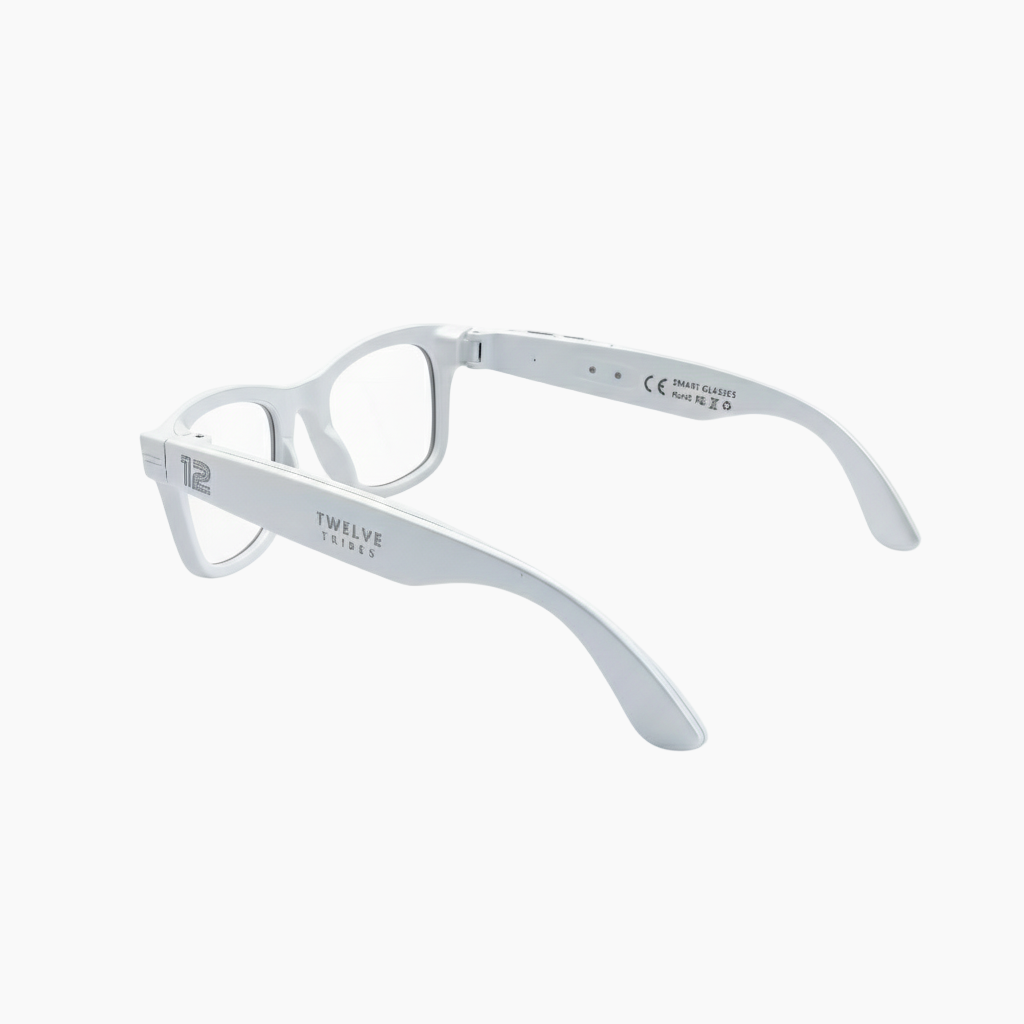 White eyeglasses with '12 Tribes' branding on a white background