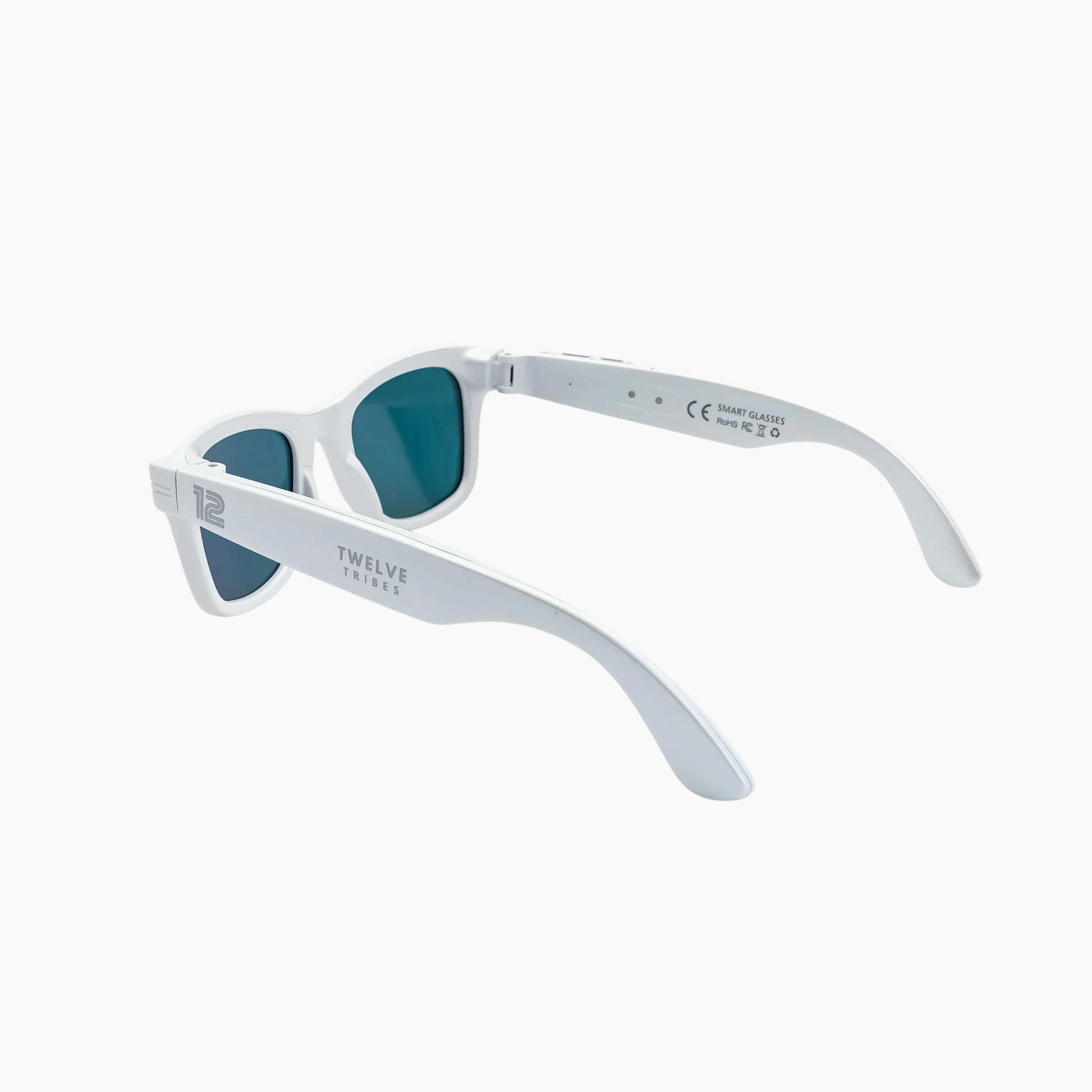 12 Tribes White sunglasses with blue lenses on a white background