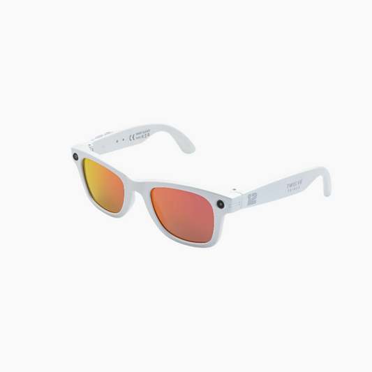 12 Tribes White sunglasses with red-tinted lenses on a white background