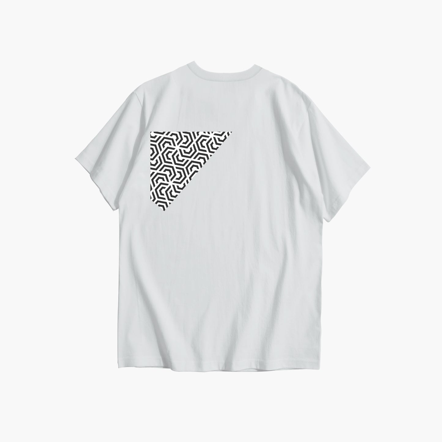 White t-shirt with a black geometric pattern on the back against a white background