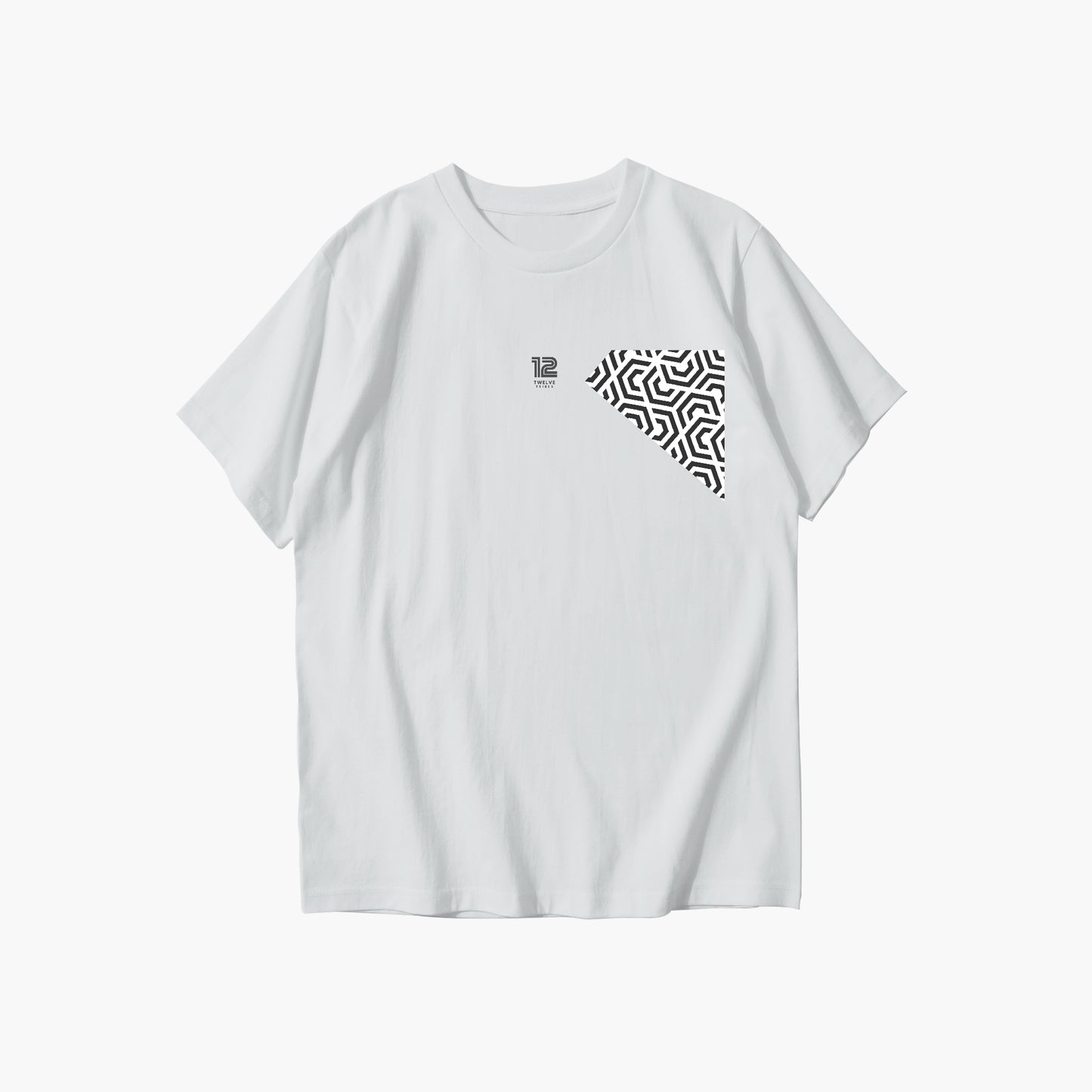 White t-shirt with a geometric pattern on a white background