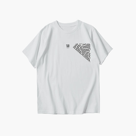 White t-shirt with a geometric pattern on a white background