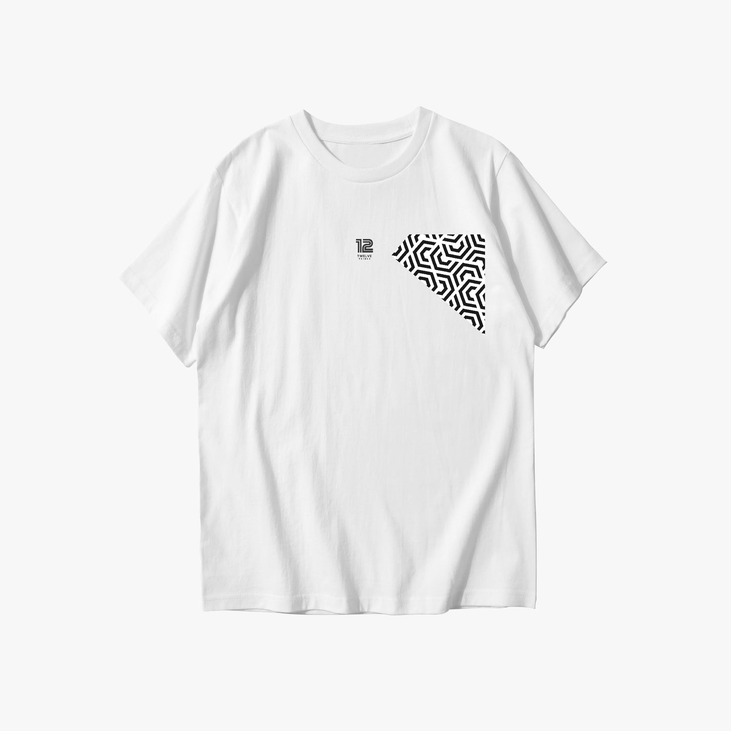 White t-shirt with a geometric pattern on a white background
