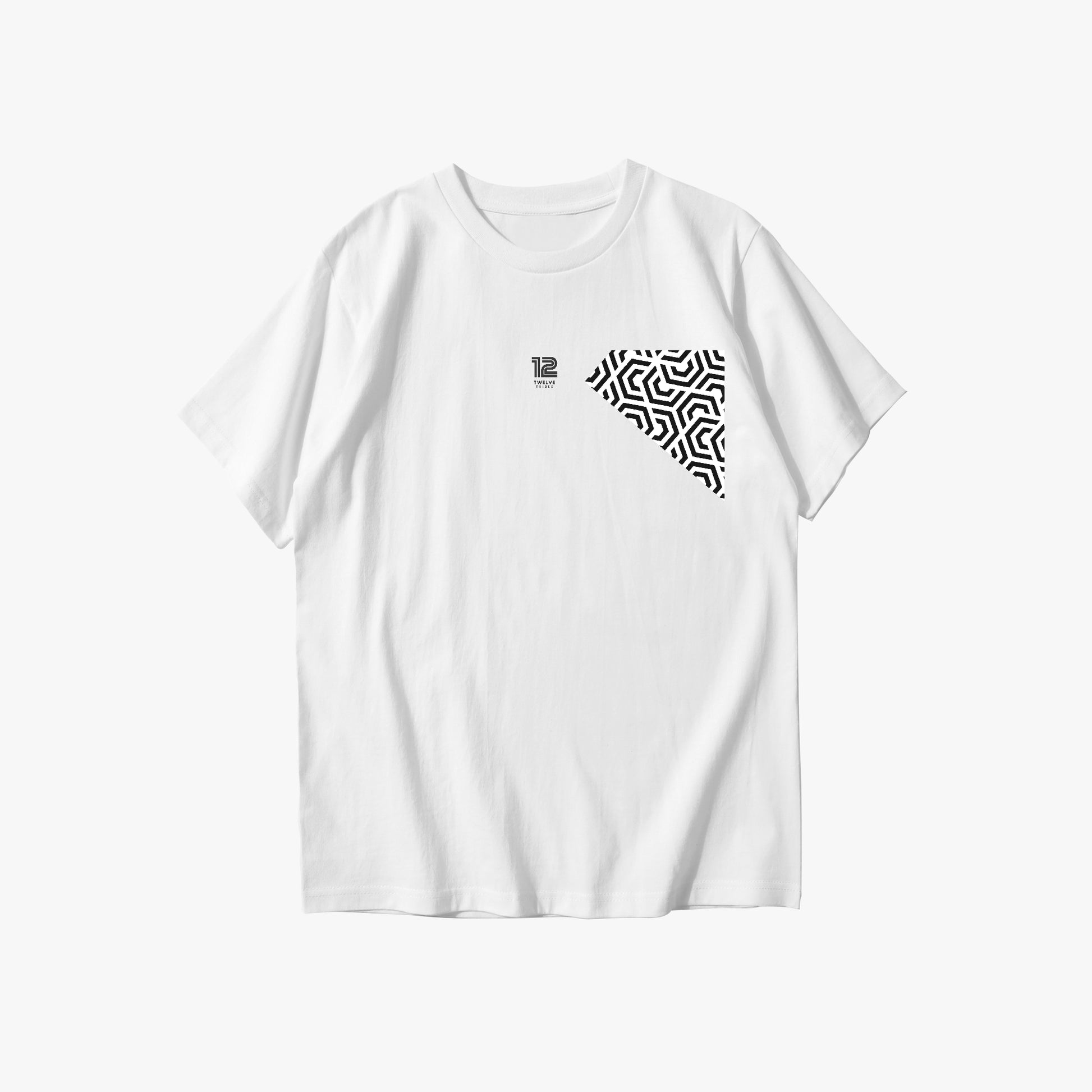 White t-shirt with a geometric pattern on a white background