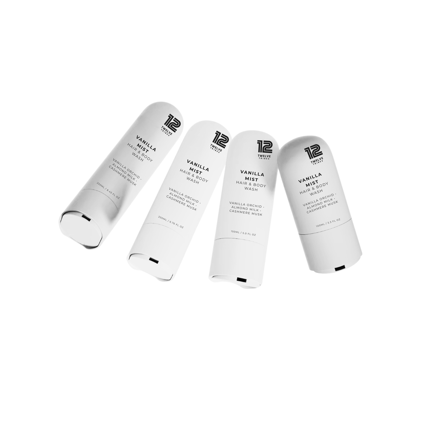 Four white cylindrical containers labeled '12' with 'Vanilla Mist' on a white background.