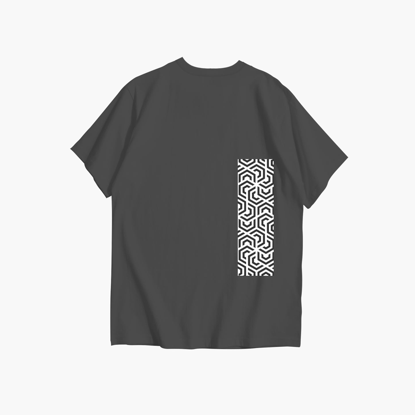 Black t-shirt with a white geometric pattern on the back against a white background