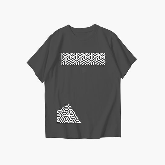 Black t-shirt with white geometric patterns on a white background
