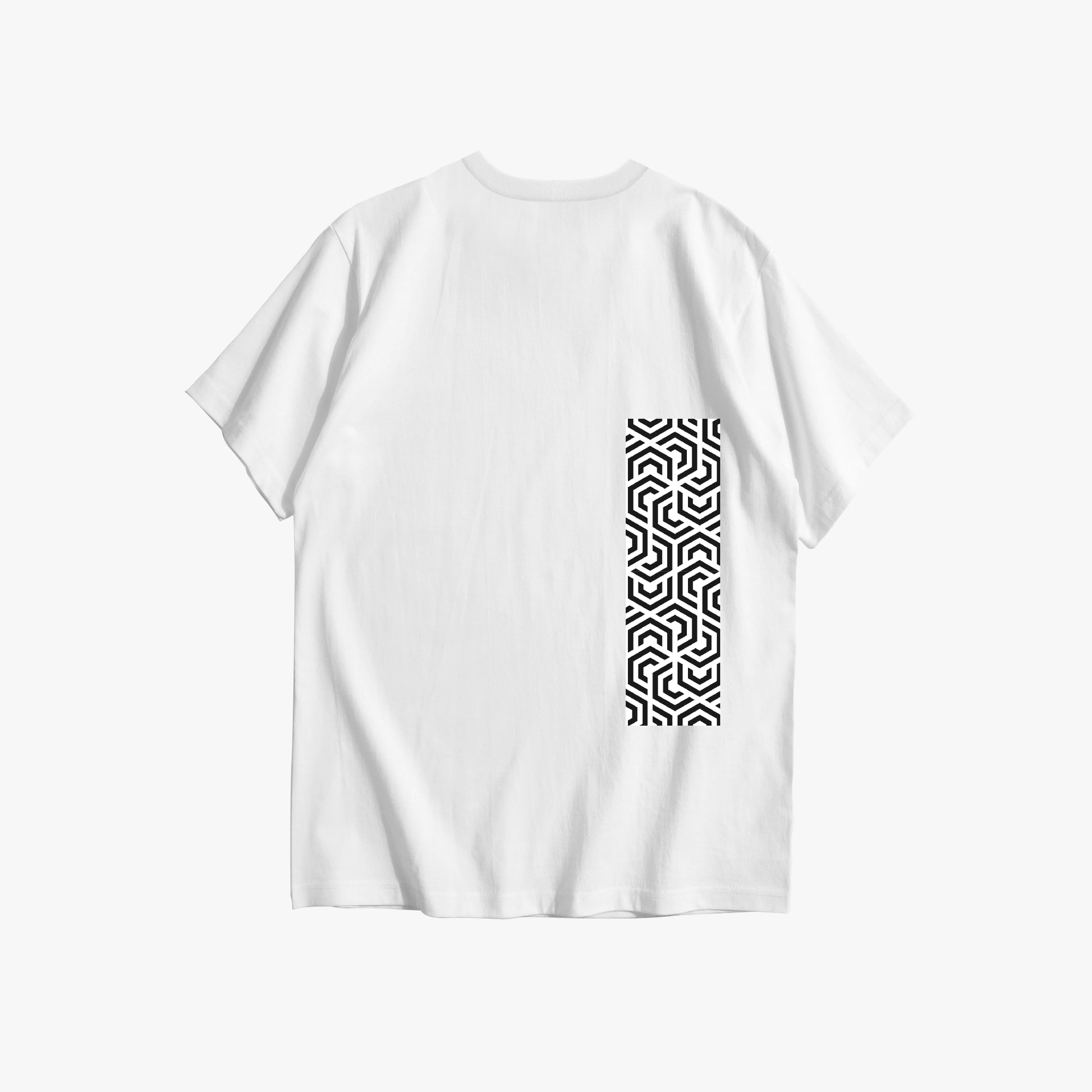 White t-shirt with a black geometric pattern on the back against a white background
