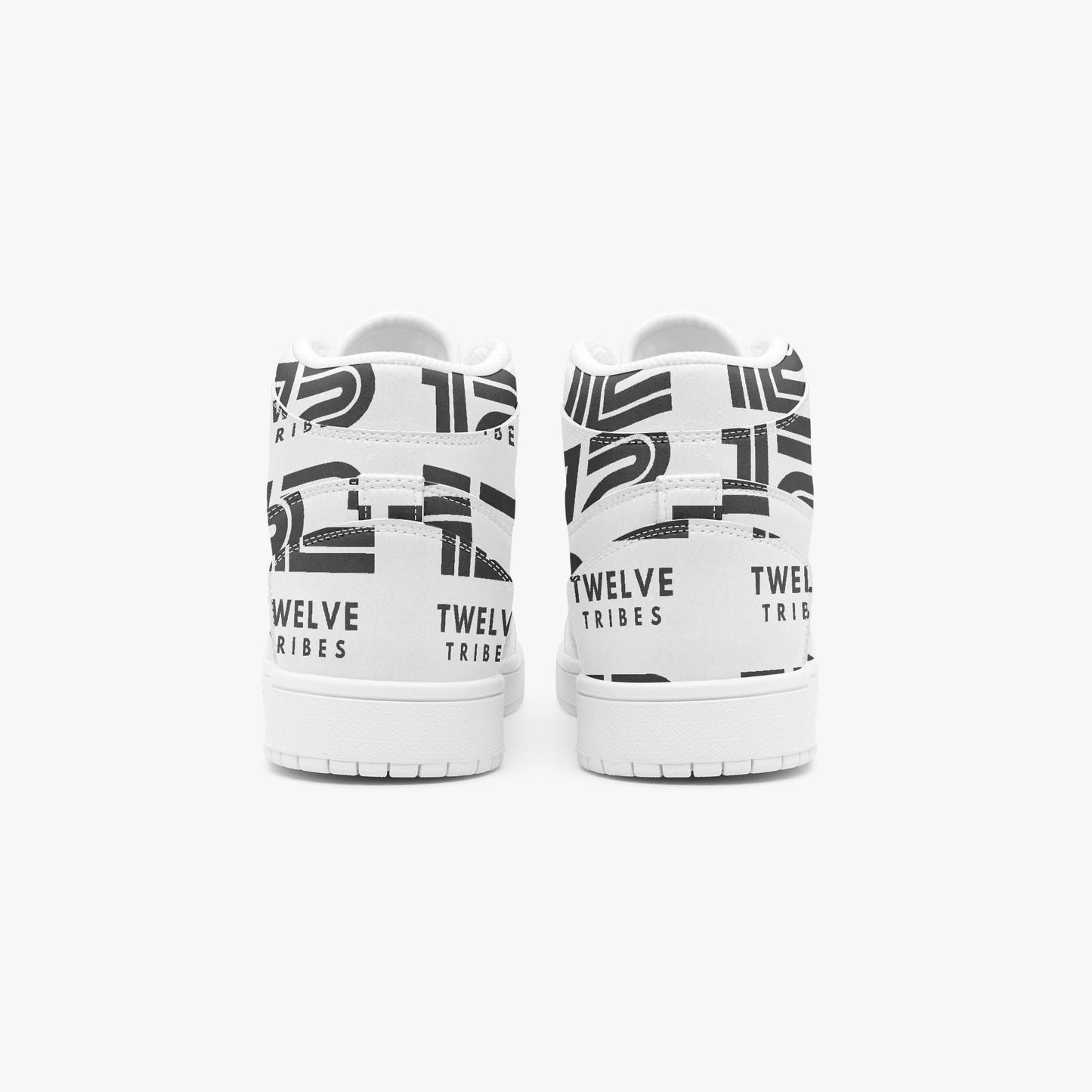 White sneakers with black branding on a white background