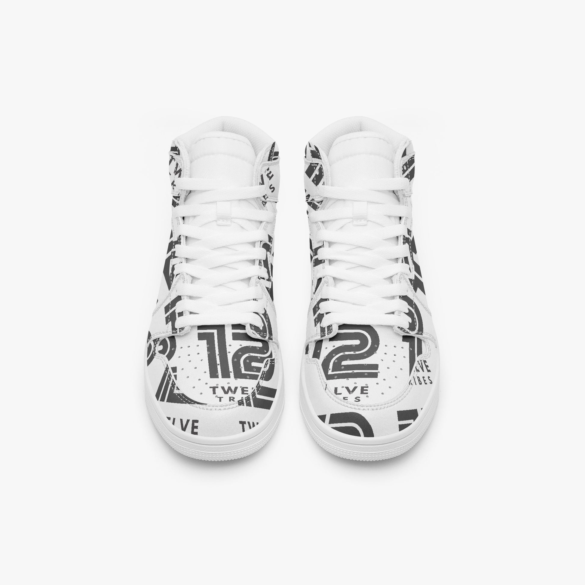 White sneakers with black text and design on a white background