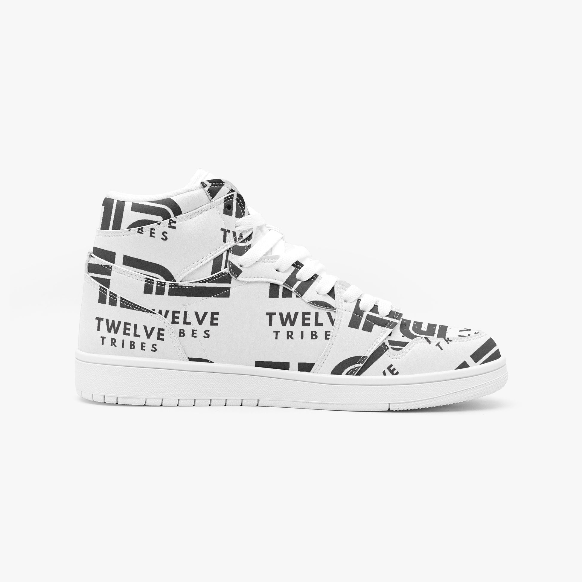White sneakers with black patterns and 'Twelve Tribes' branding on a white background