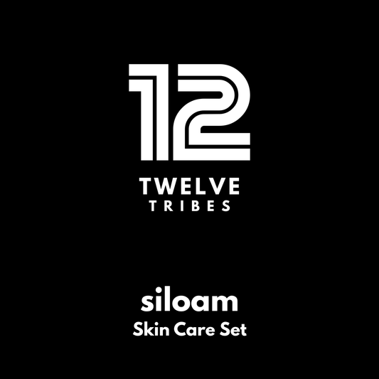 Logo of Twelve Tribes and Siloam Skin Care Set on a black background