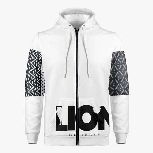LION OF JUDAH "0001" White Men's Full Zip Up Hoodie Front
