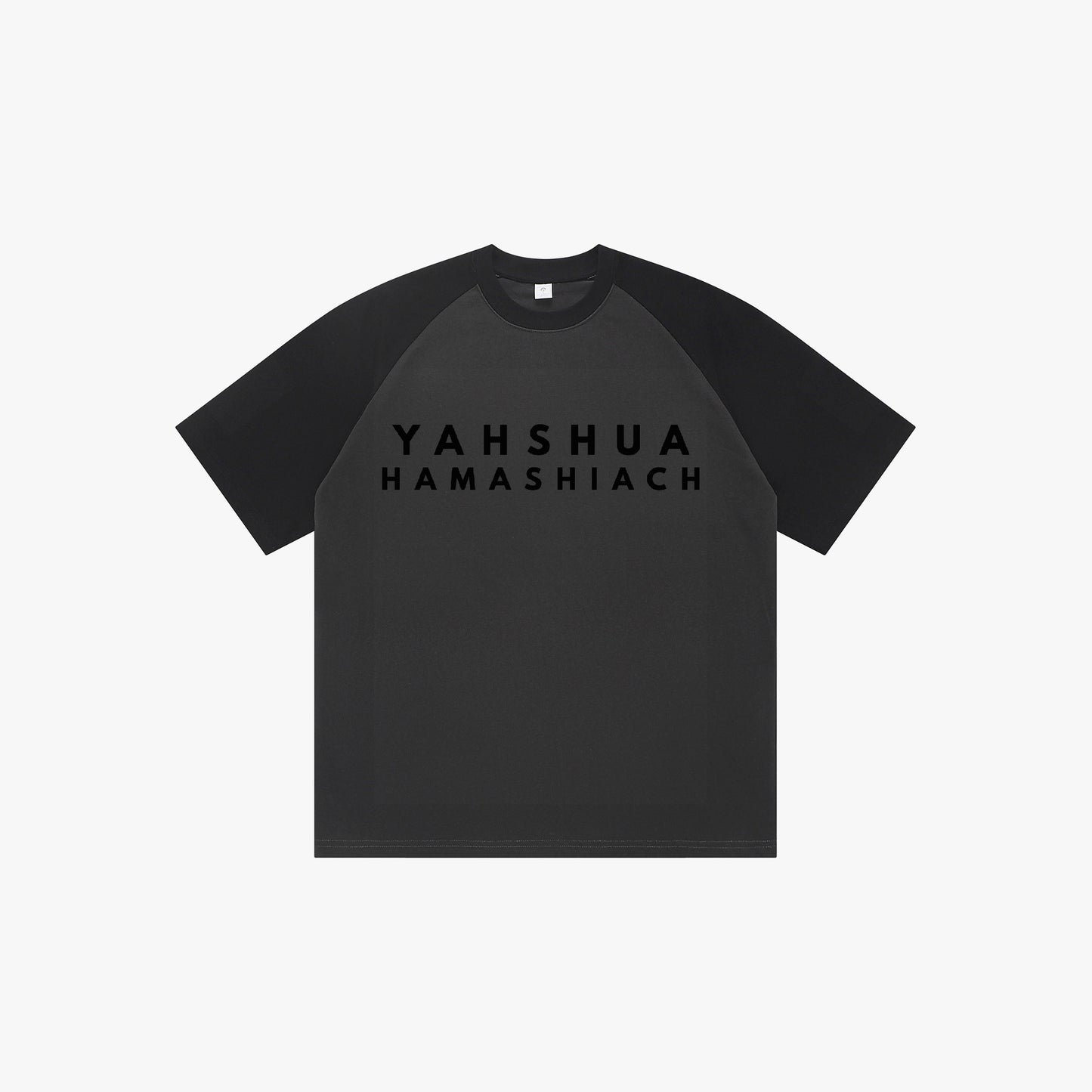 YAHSHUA HAMASHIACH Contrast Patchwork T-shirt Dark Grey + Black (Front)