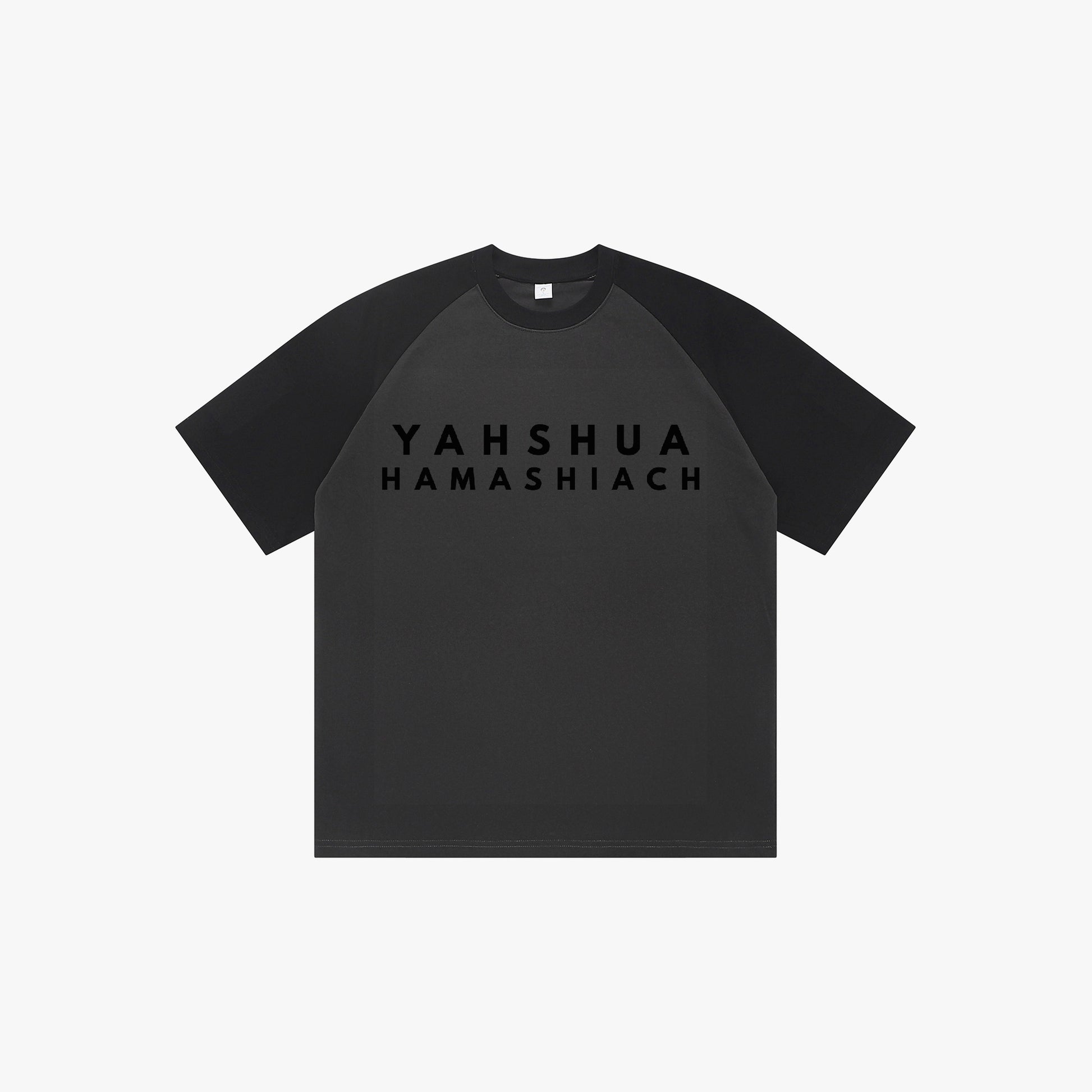 YAHSHUA HAMASHIACH Contrast Patchwork T-shirt Dark Grey + Black (Front)