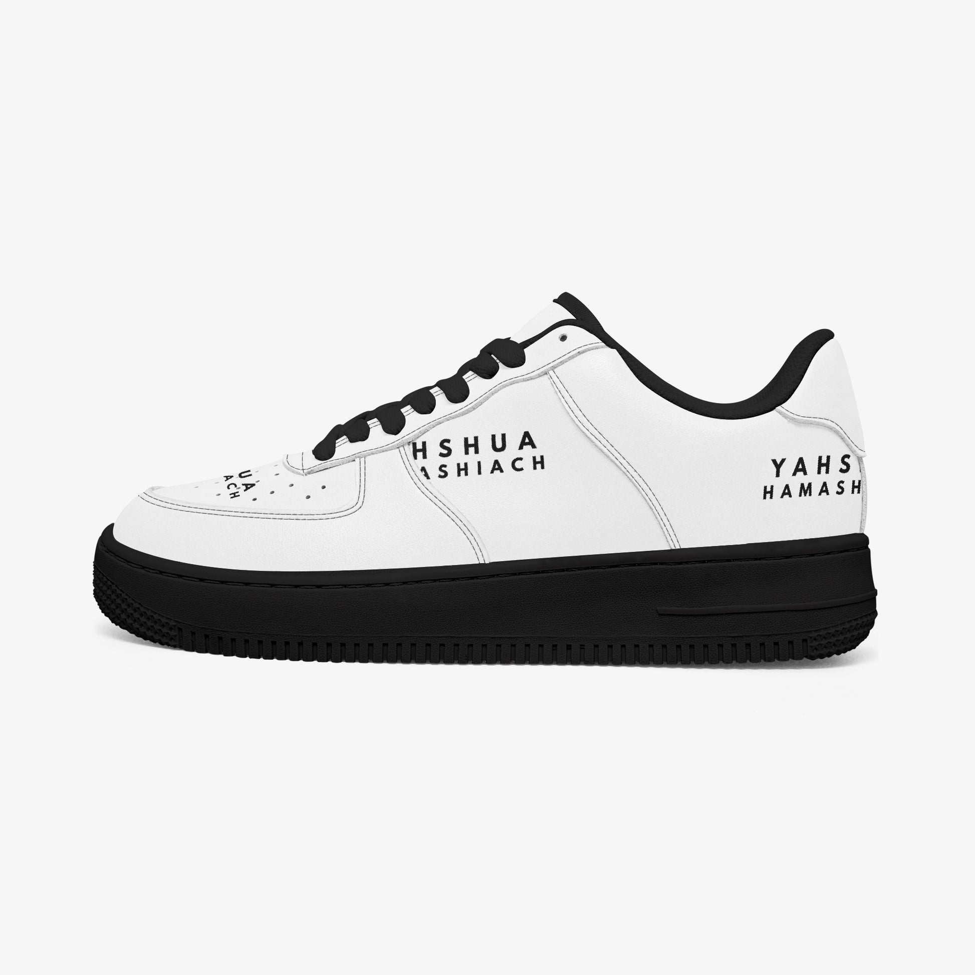YAHSHUA HAMASHIACH "Seeking" Low-Top Leather Sports Sneakers - Black Sole Left Outside